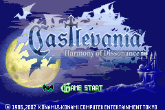 Castlevania Harmony of Dissonance title screen for GameBoy Advance